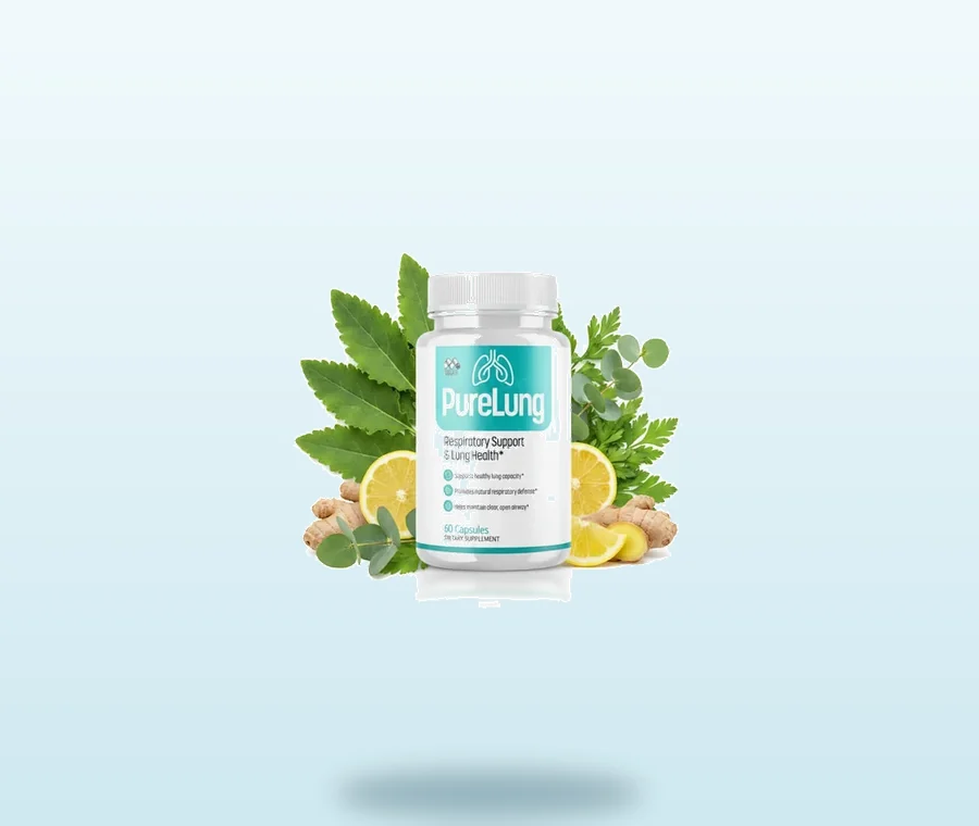 The PureLung bottle photographed with green leaves, lemon and ginger root