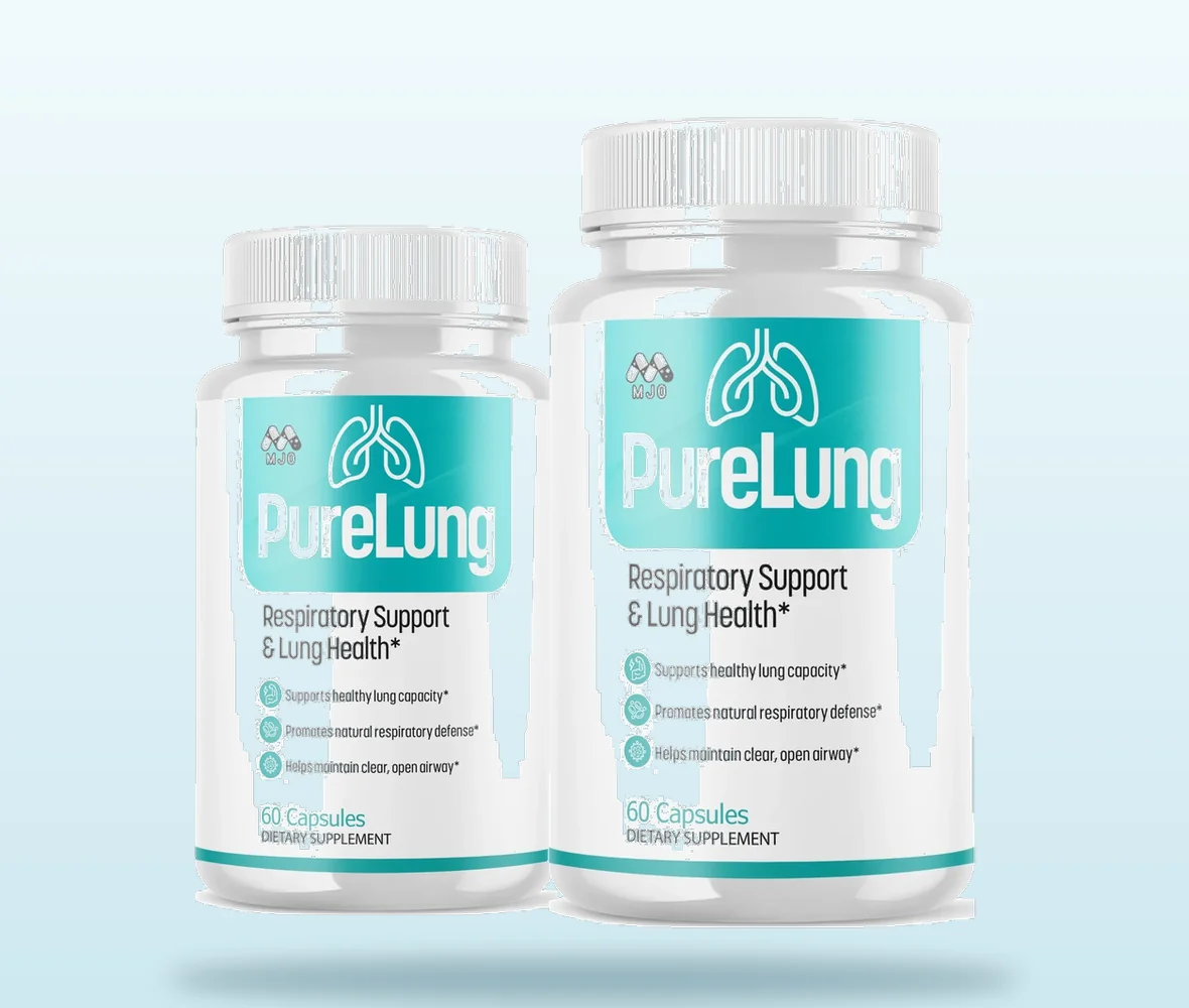 Two PureLung bottles showing the front label claims and the 60 capsule count