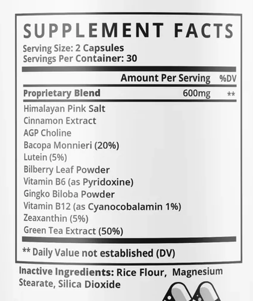 The PureLung Supplement Facts panel: serving size 2 capsules, 30 servings per container, and a 600 mg proprietary blend listing eleven ingredients