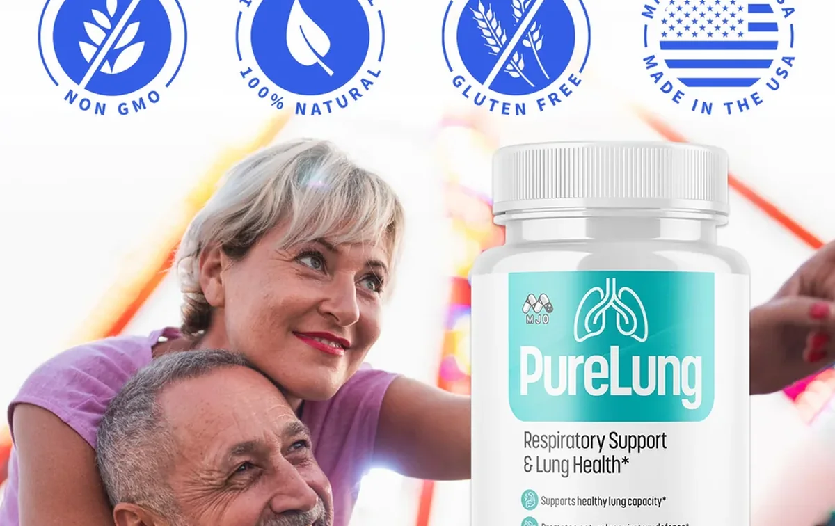 Manufacturer lifestyle artwork showing an older couple outdoors beside the PureLung bottle and its non-GMO, natural, gluten-free and made-in-USA roundels